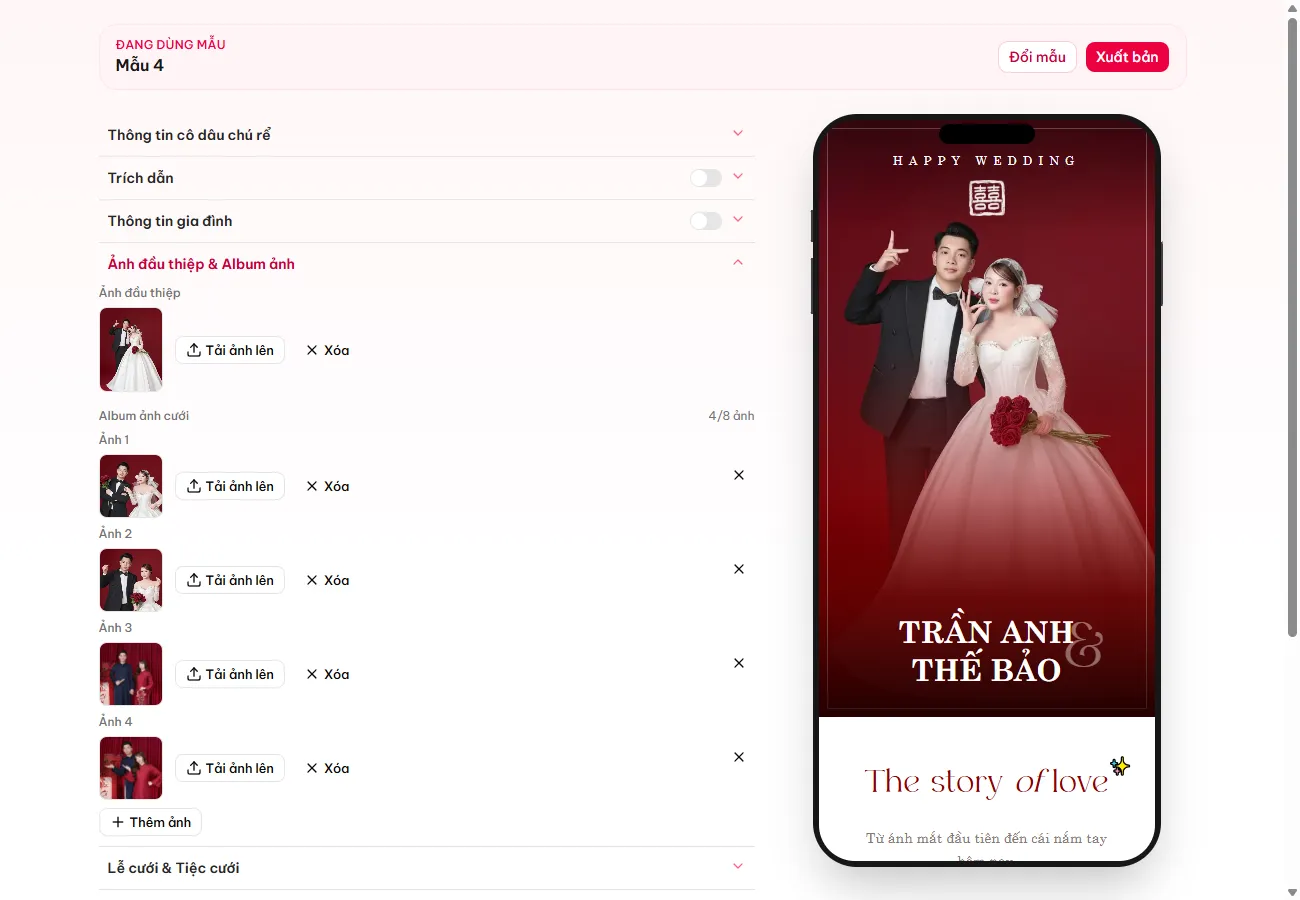 Màn hình tải ảnh cưới, giới hạn 8 ảnh trong album